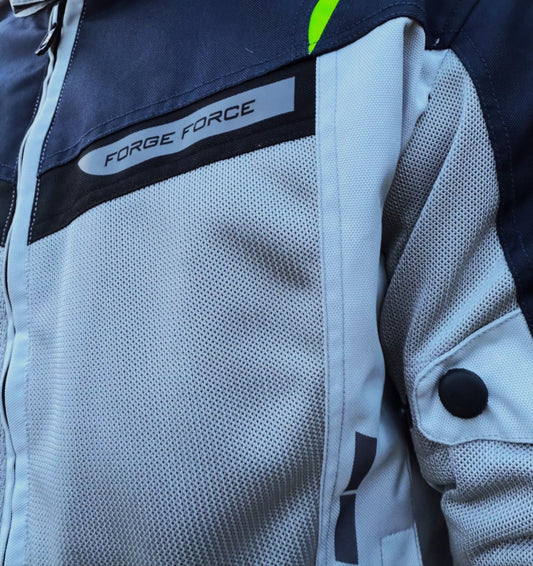 AeroFlow Mesh Summer Motorcycle Jacket | Silver, Deep Blue & Neon Yellow